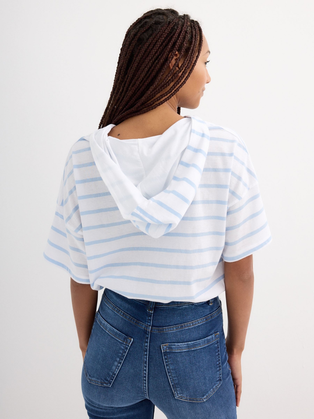 Short-sleeve striped hoodie shirt white middle back view