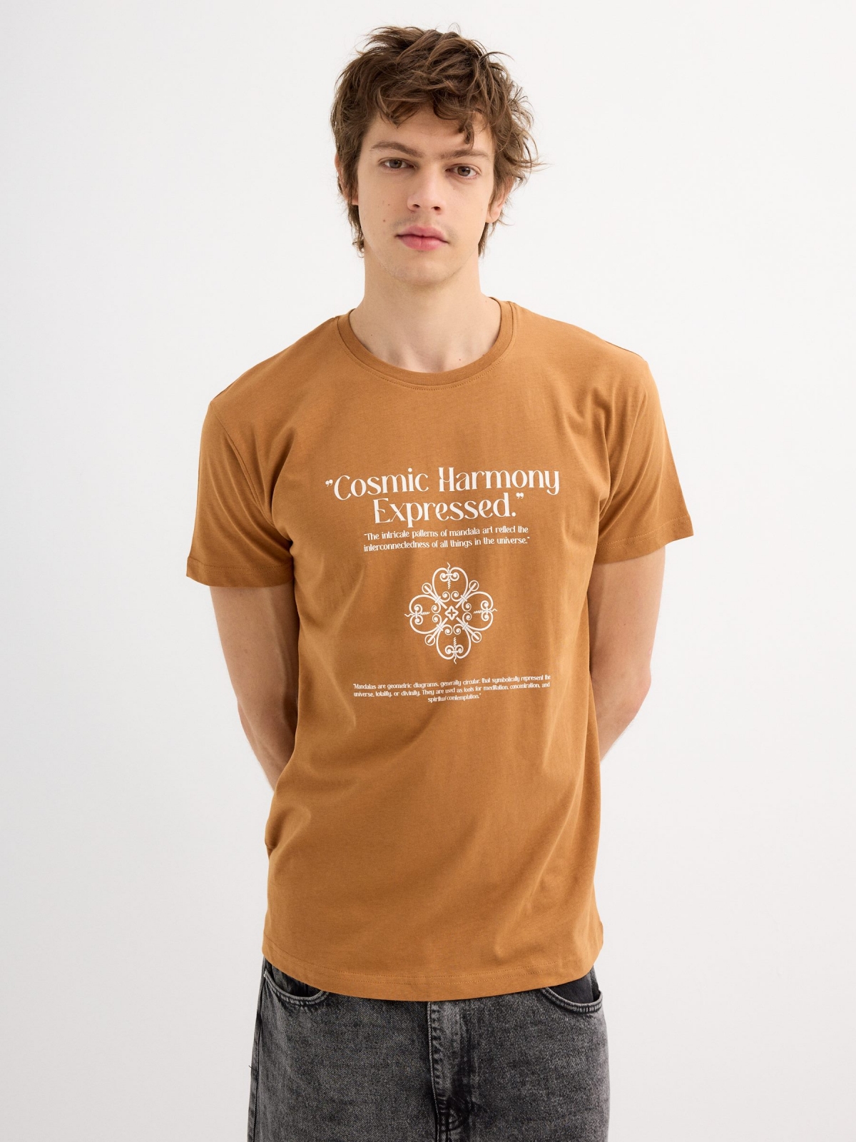 Short sleeve t-shirt Cosmic Harmony light brown middle front view