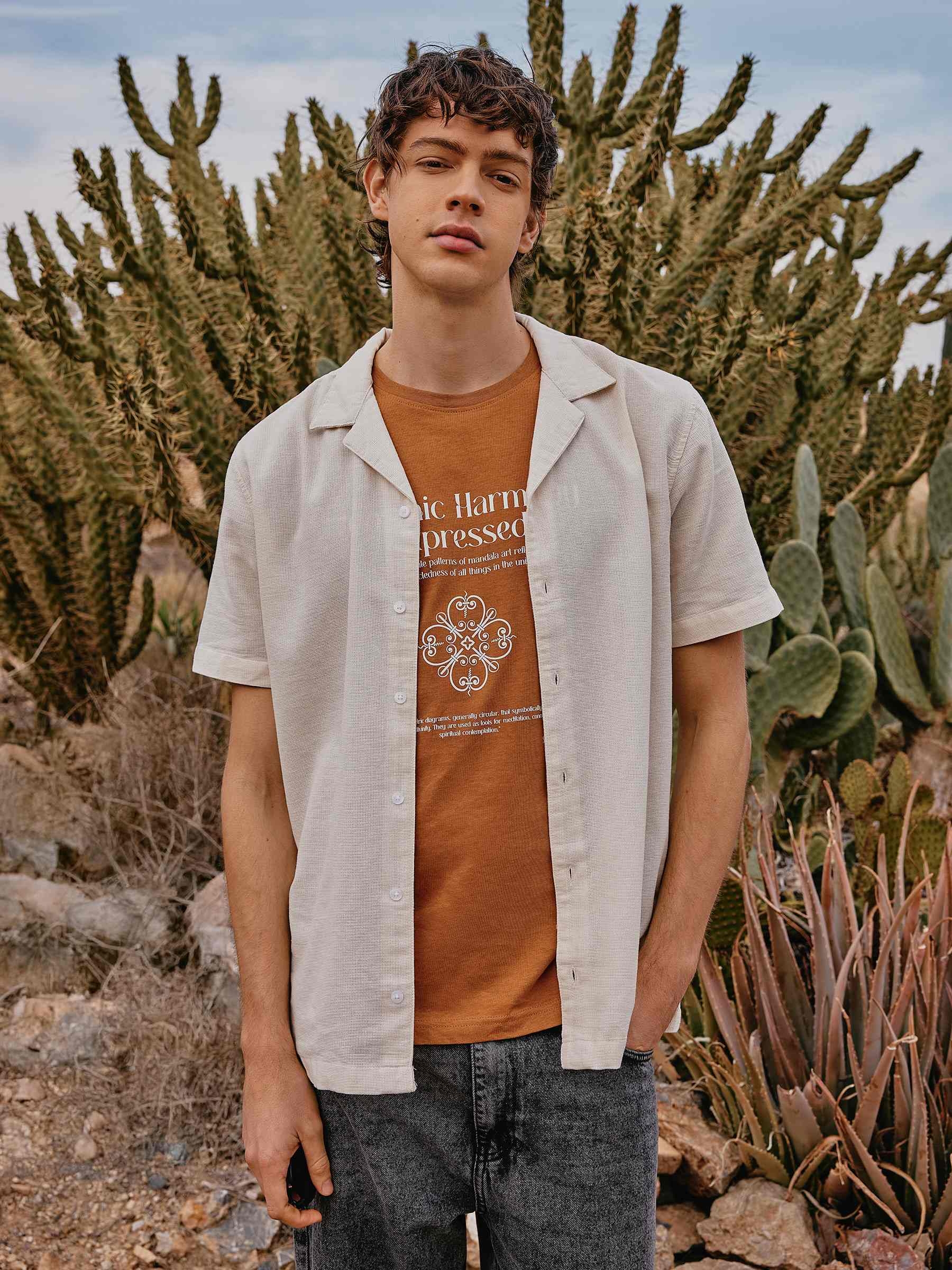 Short sleeve t-shirt Cosmic Harmony light brown middle front view