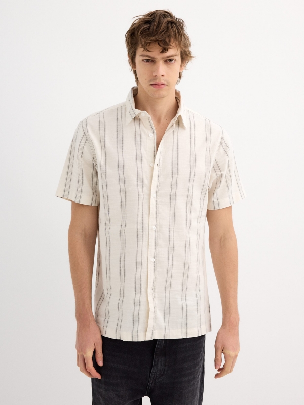 Short sleeve rustic shirt with double stripes ivory middle front view