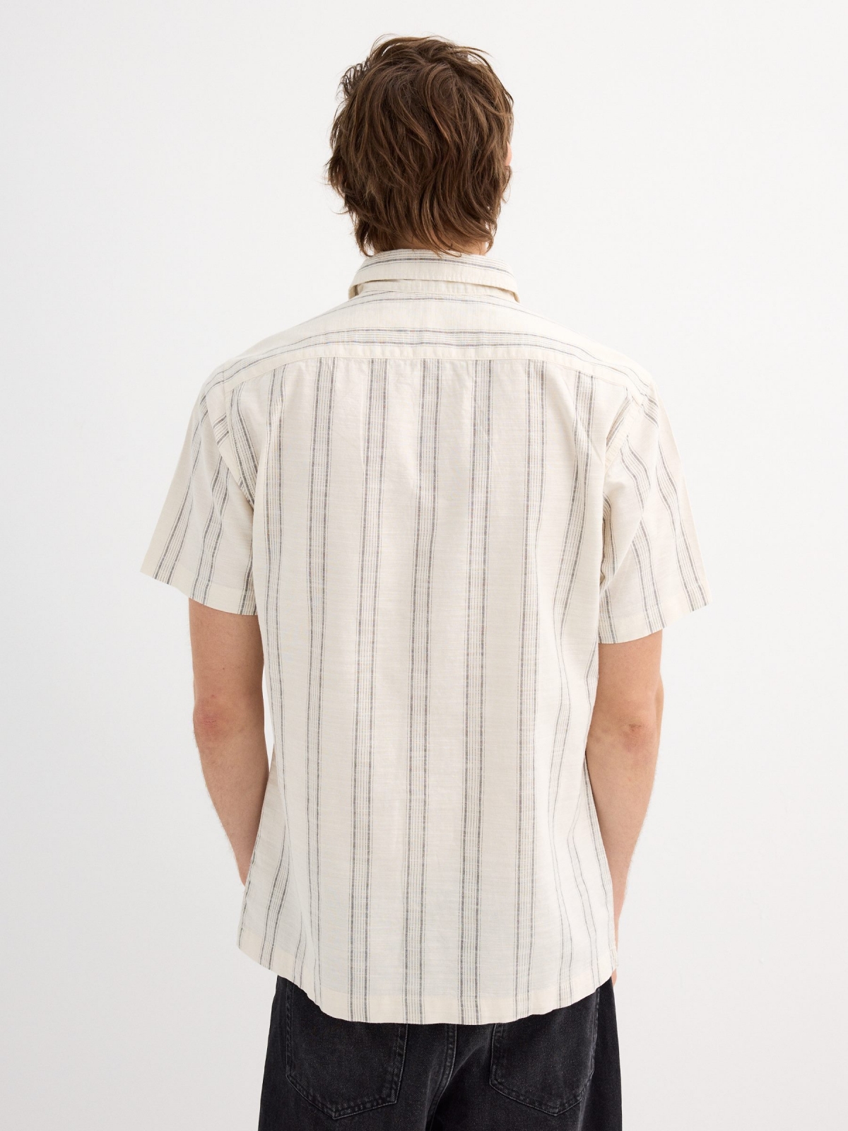 Short sleeve rustic shirt with double stripes ivory middle back view