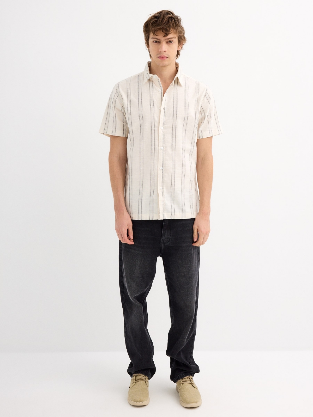 Short sleeve rustic shirt with double stripes ivory general front view