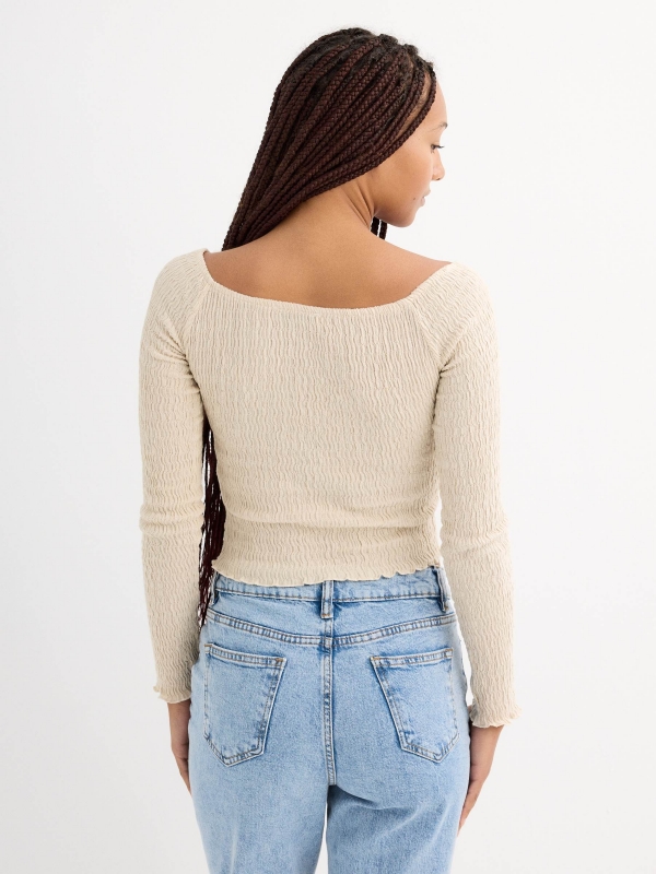 Long sleeve honeycomb smocked crop top sand middle back view