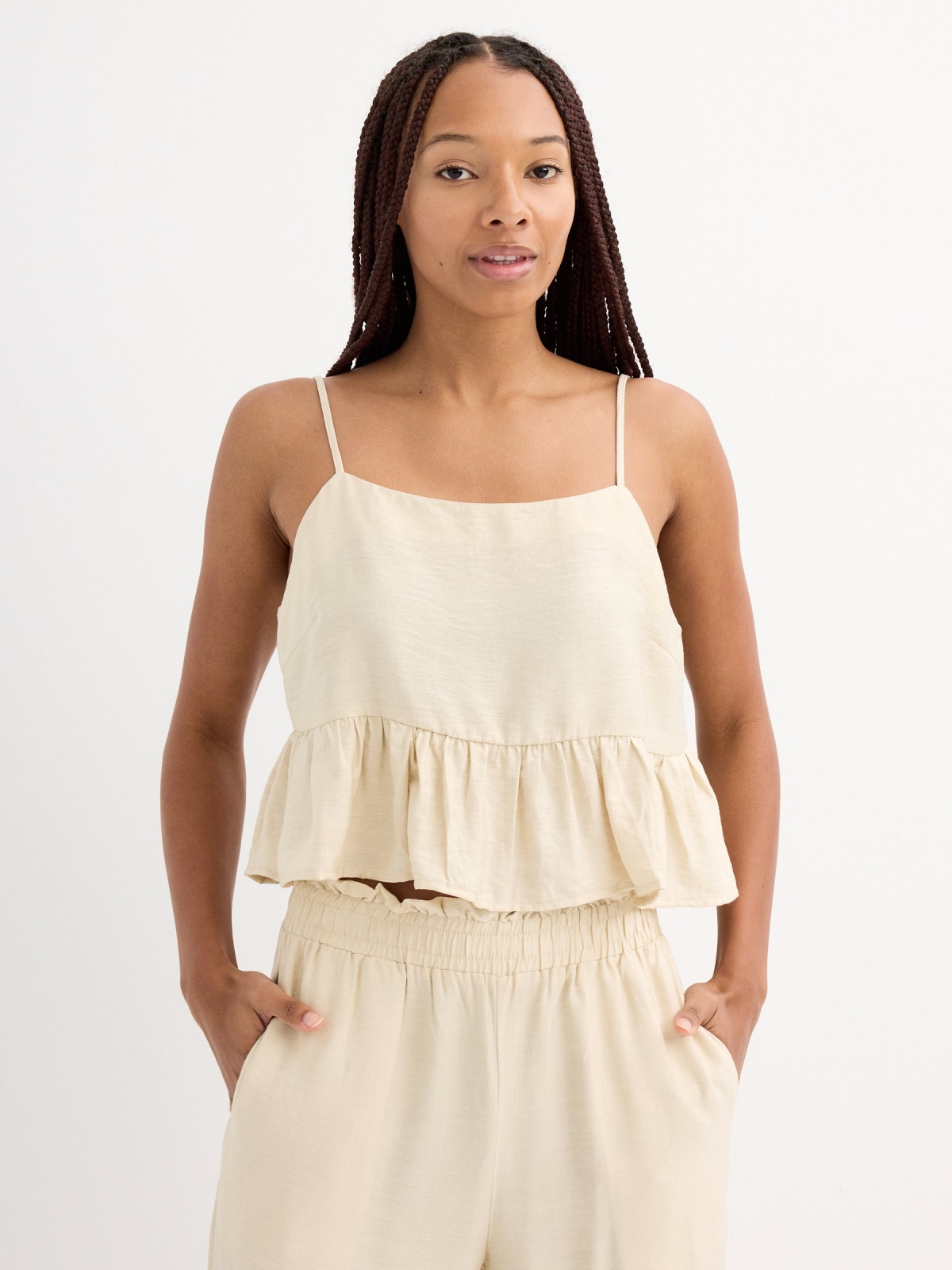 Sandy ruffled strap top sand middle front view