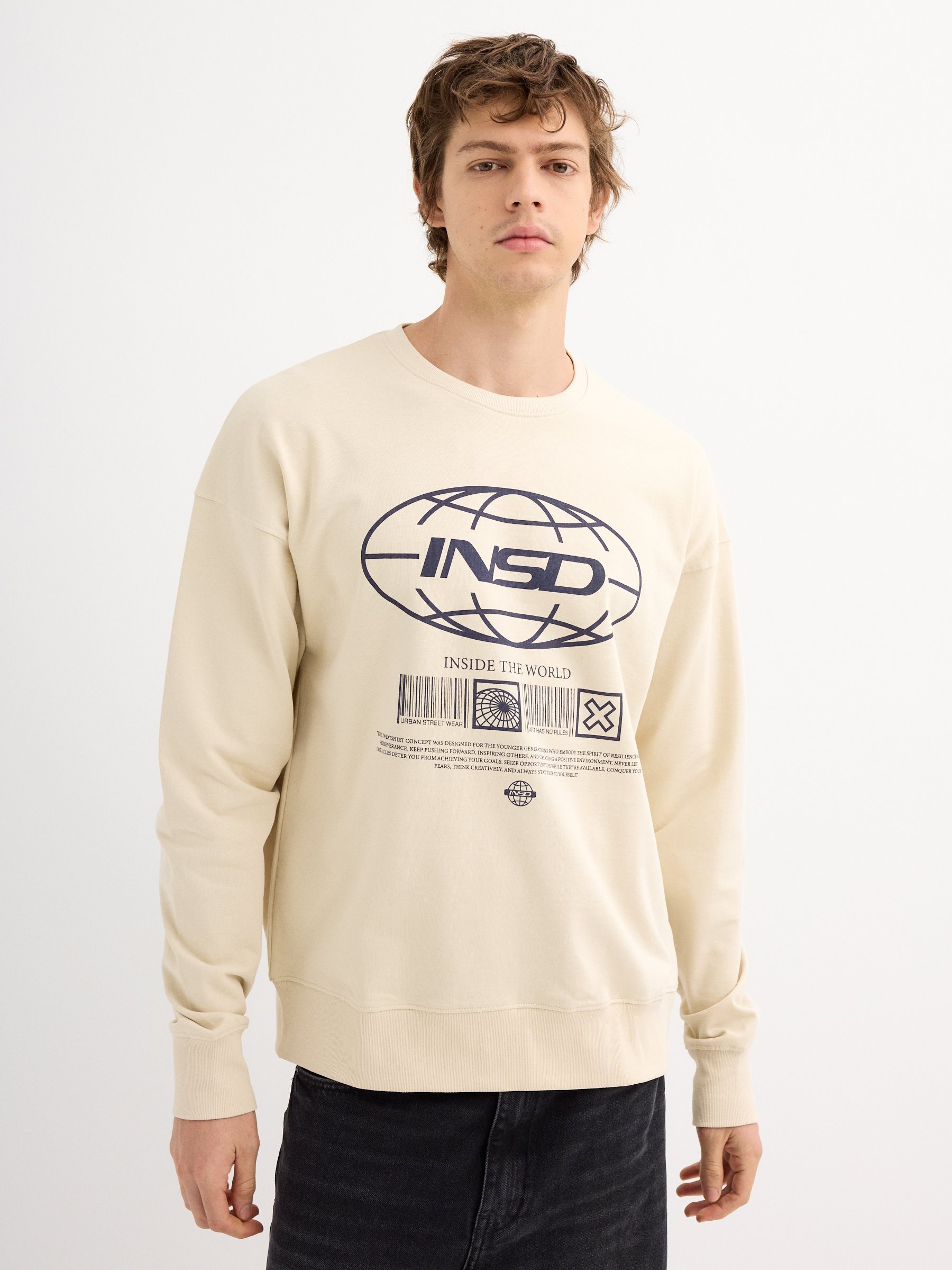 Sudadera sin capucha felpa arena vista media frontal