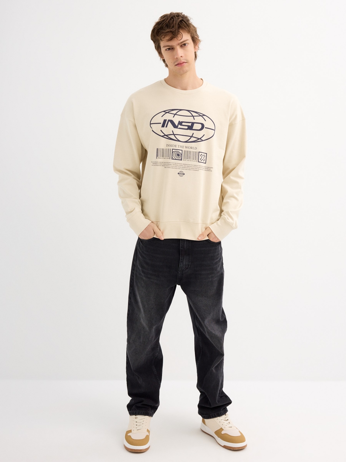 Sweatshirt without hood fleece sand general front view