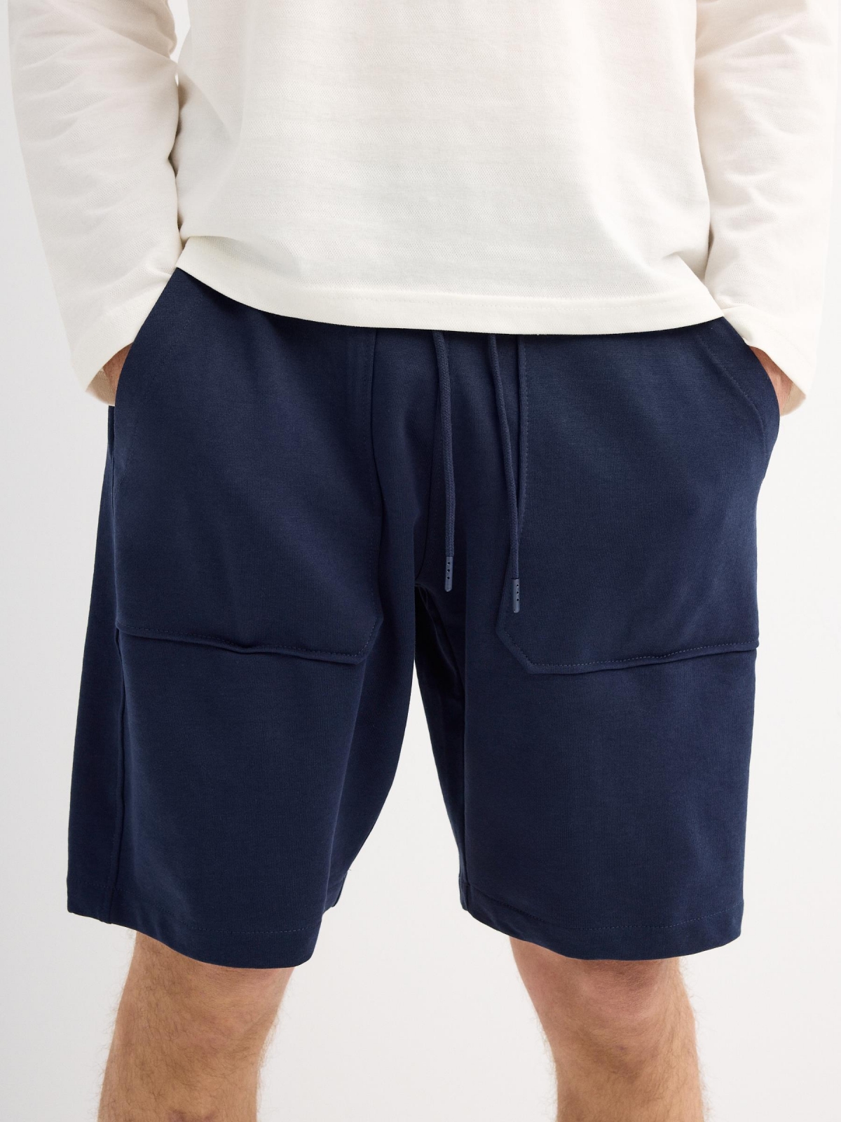 Navy blue plush bermuda shorts navy front detail view