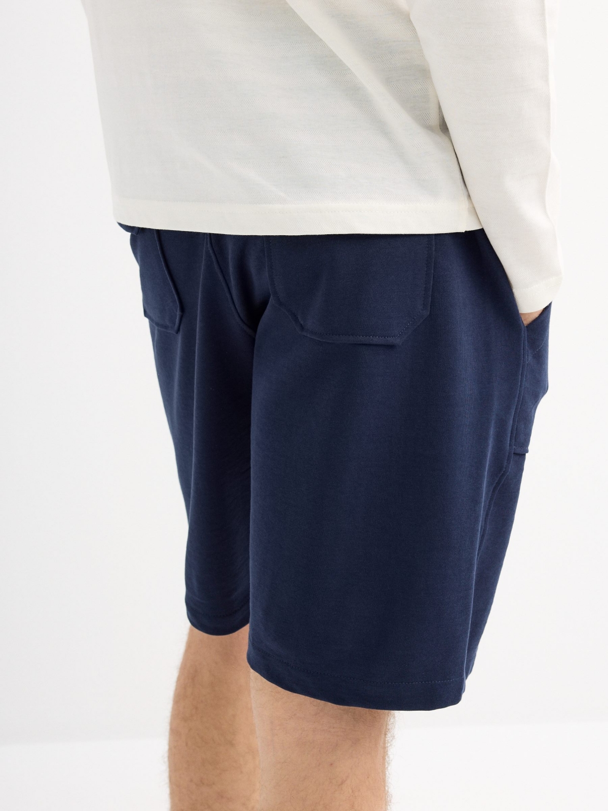 Navy blue plush bermuda shorts navy back detail view