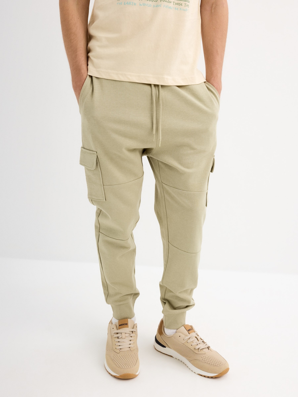 Fleece cargo jogger pants greyish green middle front view