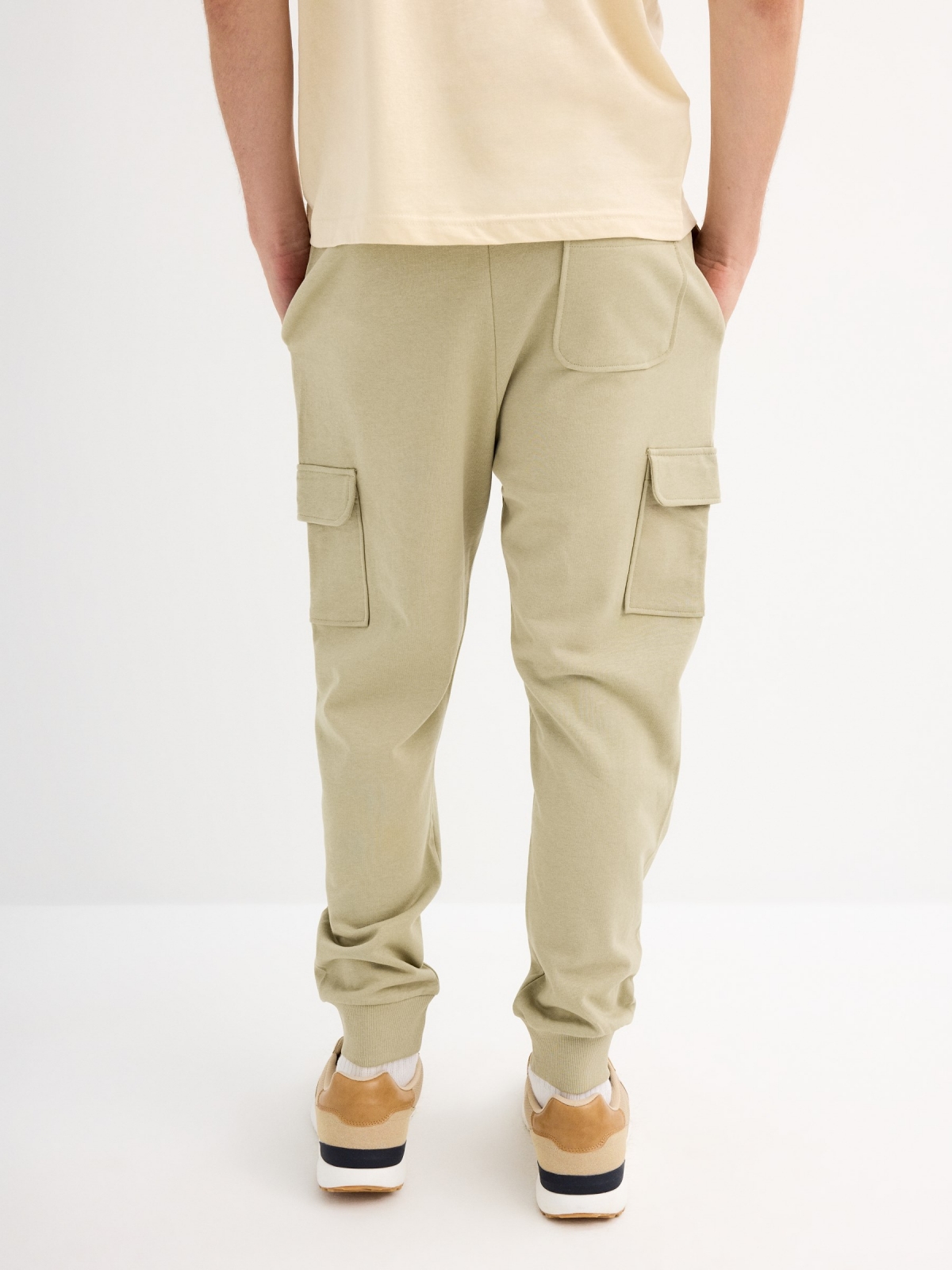 Fleece cargo jogger pants greyish green middle back view