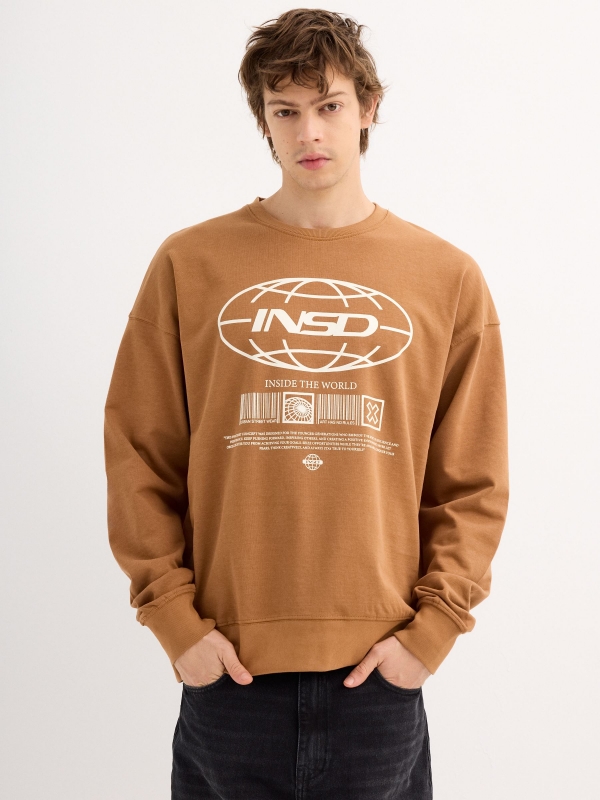 Sweatshirt without hood fleece light brown middle front view