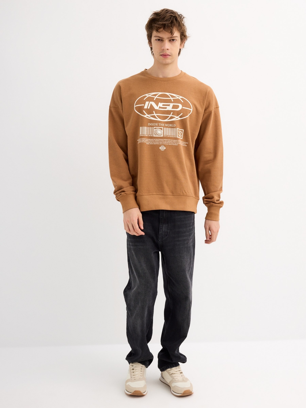 Sweatshirt without hood fleece light brown general front view