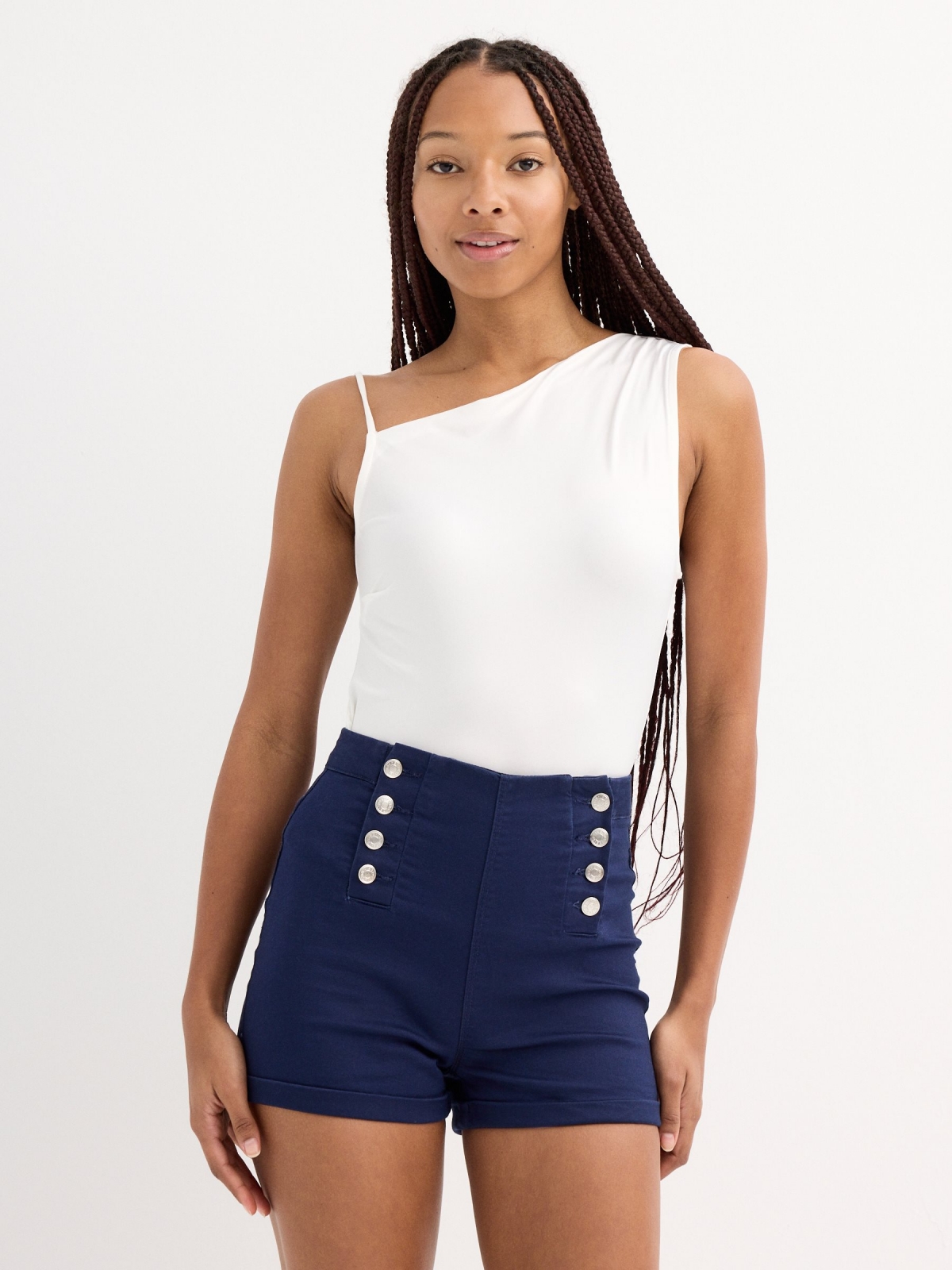 High-waisted button shorts navy middle front view