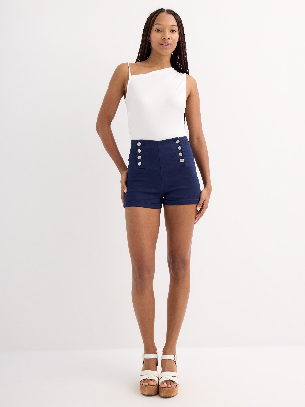 High-waisted button shorts navy general front view