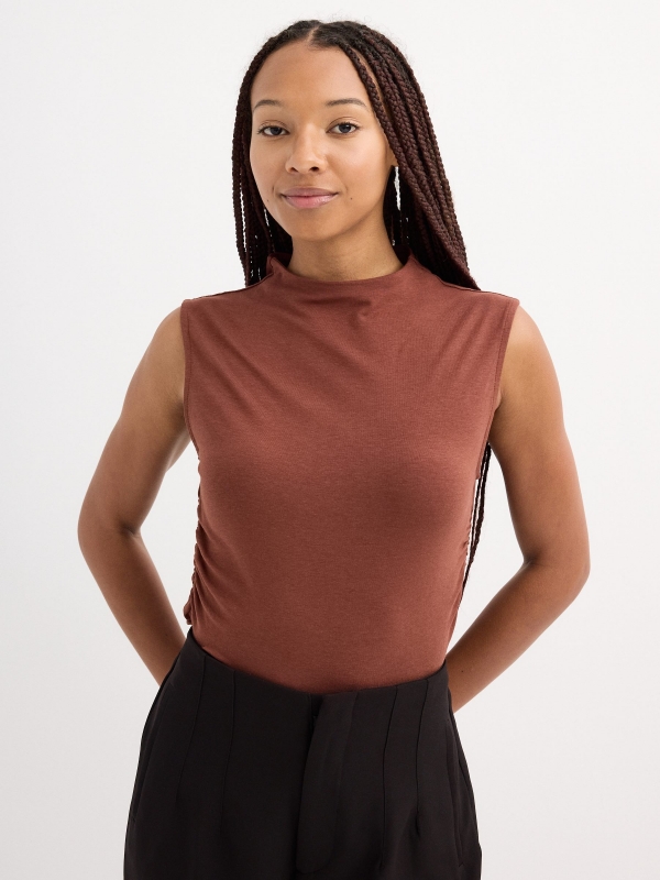 Ruched sleeveless top chocolate middle front view