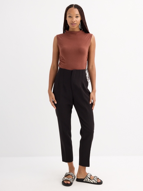 Ruched sleeveless top chocolate general front view