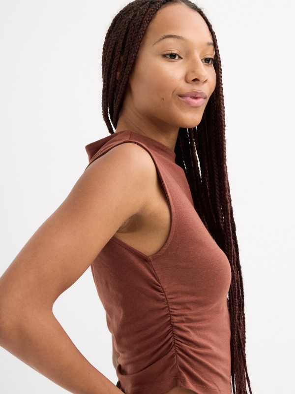 Ruched sleeveless top chocolate detail view