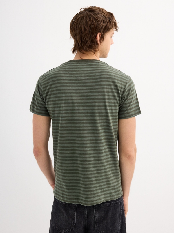 Short-sleeve green striped t-shirt dark green middle back view