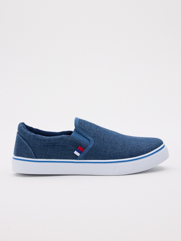 Blue canvas slip-on sneaker indigo blue profile view