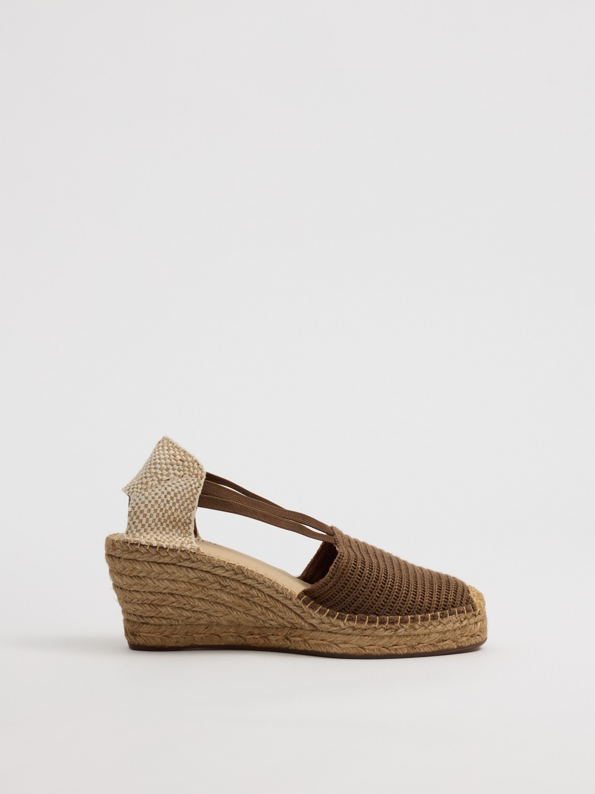 Closed toe embroidered wedges earth brown profile view