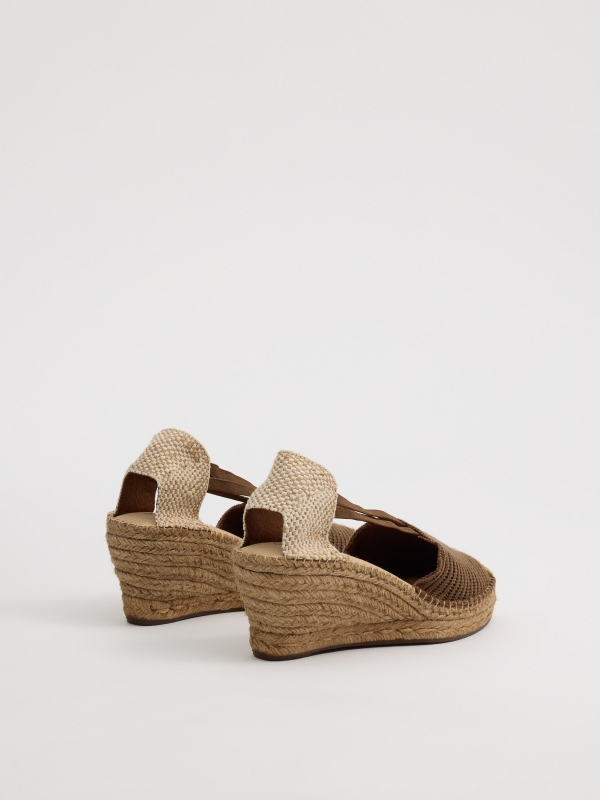 Closed toe embroidered wedges earth brown 45º back view