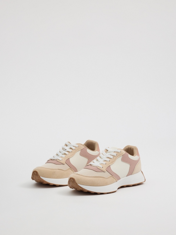 Beige and pink casual running sneakers multicolor 45º front view