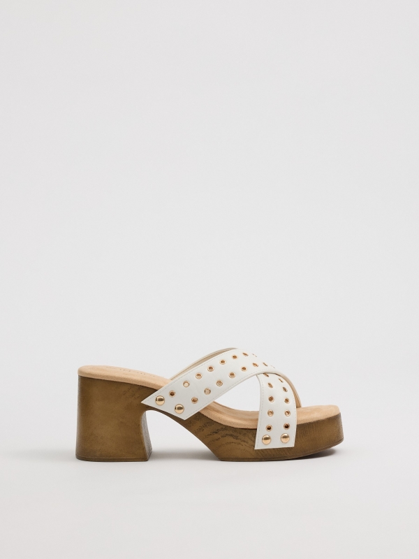 Cross-strap studded heeled sandals white profile view