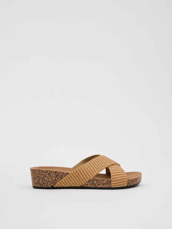 Low wedges wide straps sand profile view