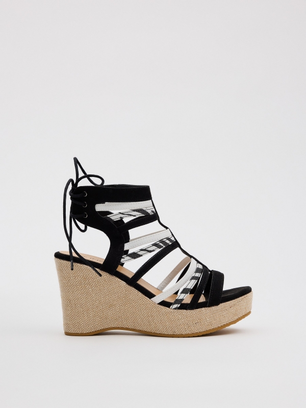 Multiple strap high wedges black profile view