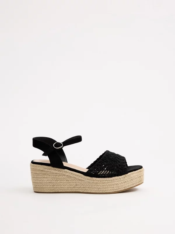 Wedge espadrille sandals black profile view