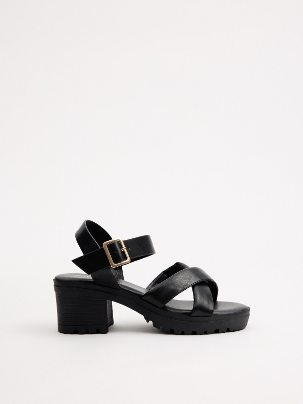 Cross-strap heeled sandals black profile view