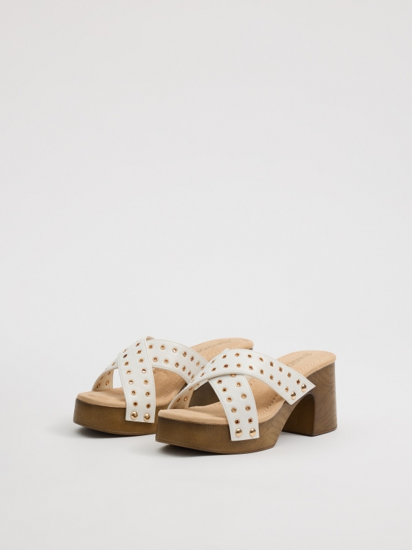 Cross-strap studded heeled sandals white 45º front view