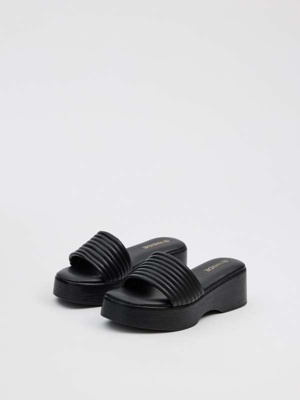 Wedge sandals faux leather black 45º front view