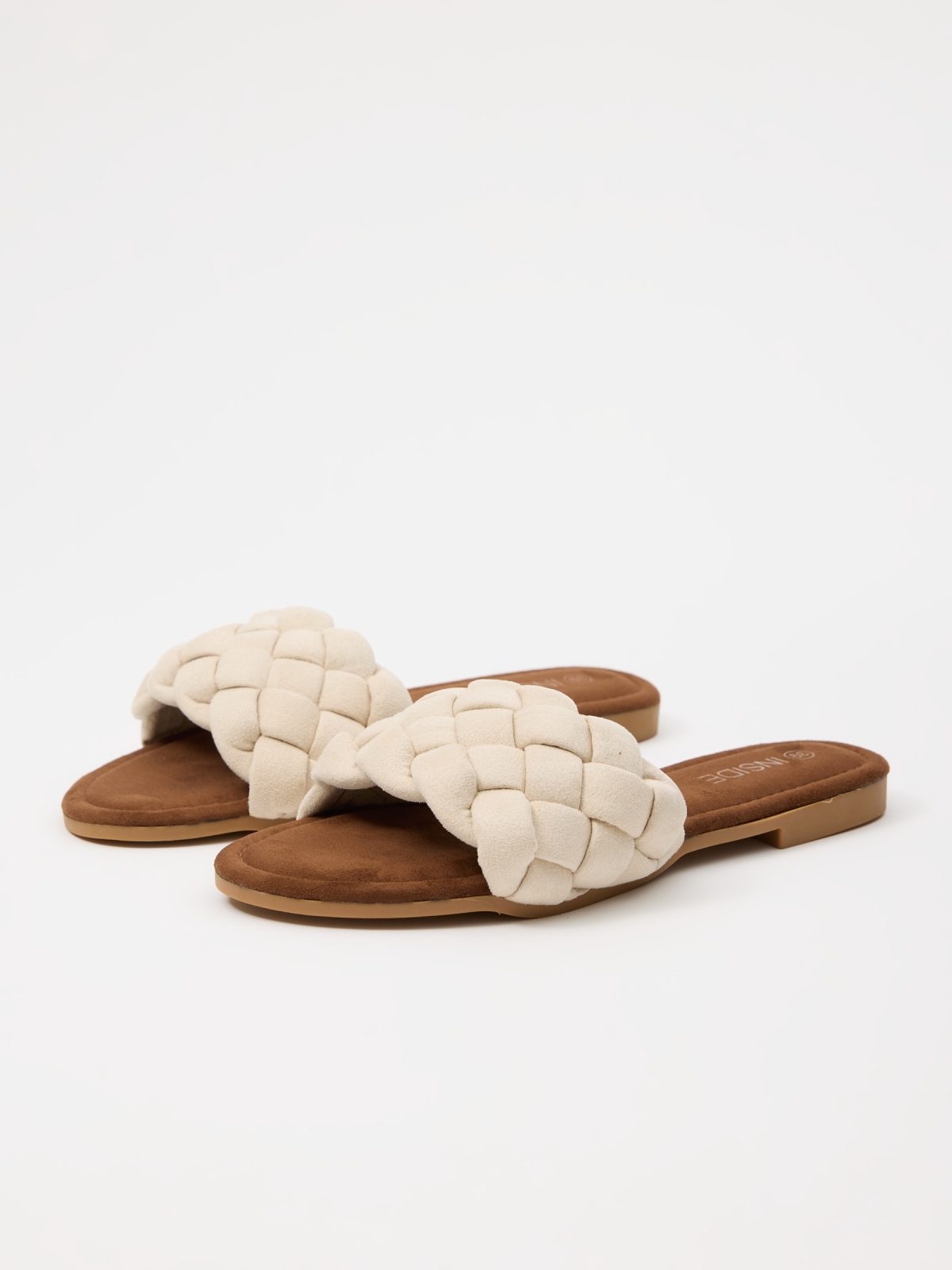 Beige braided slide sandal off white 45º front view