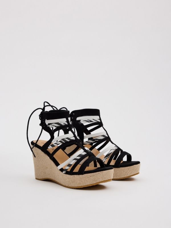 Multiple strap high wedges black 45º front view