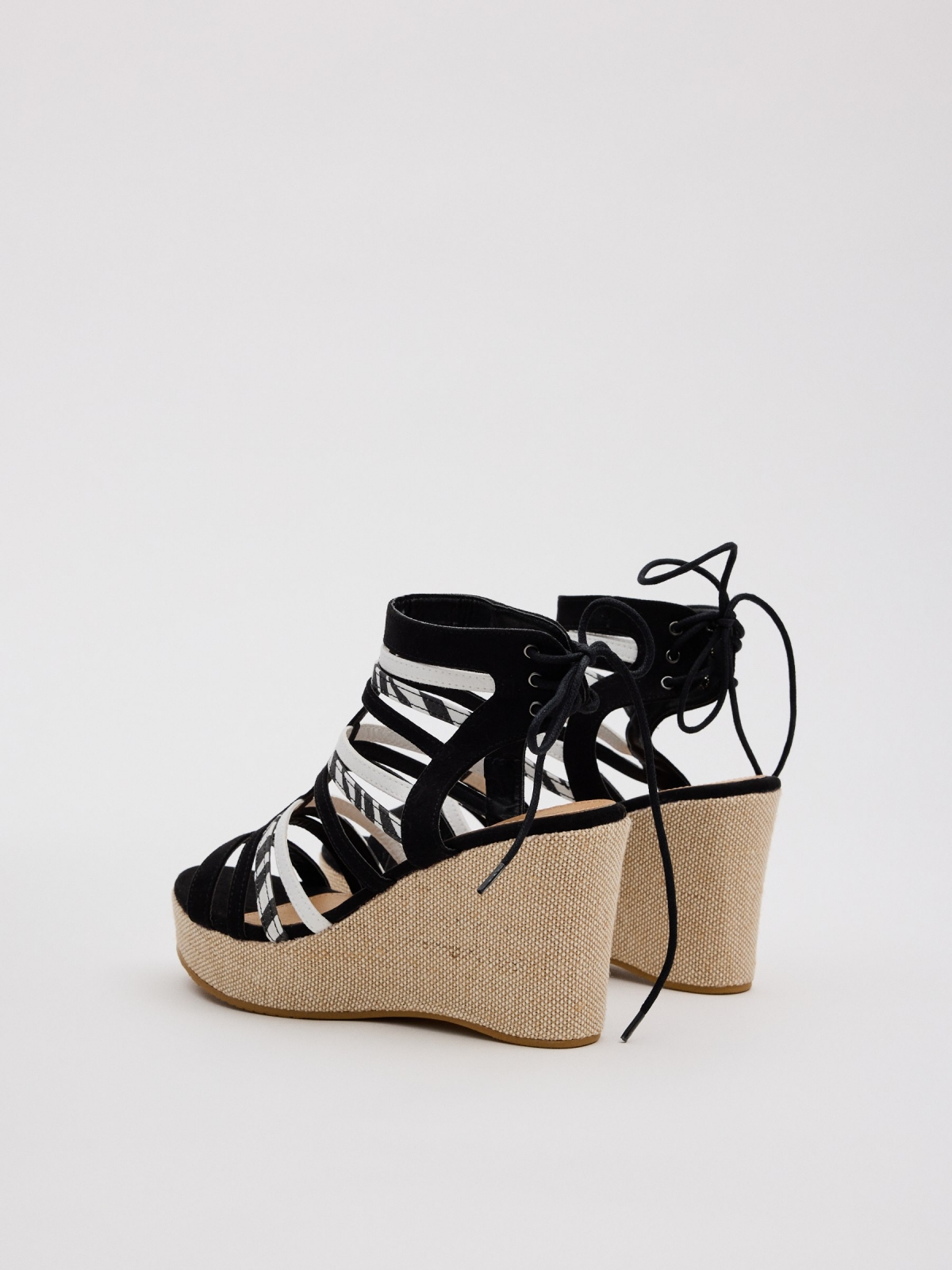 Multiple strap high wedges black 45º back view