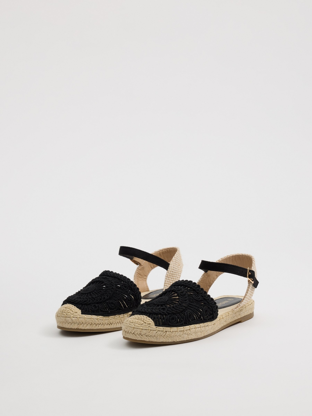 Jute sandals with embroidered strap black 45º front view