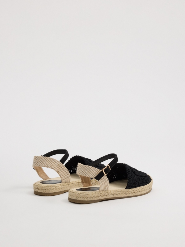 Jute sandals with embroidered strap black 45º back view