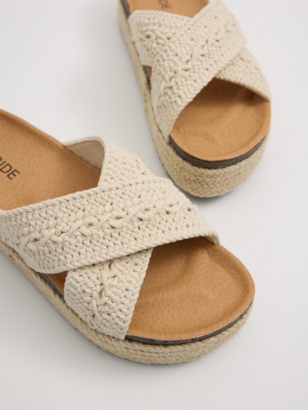 Platform sandals with crossed crochet straps off white detail view