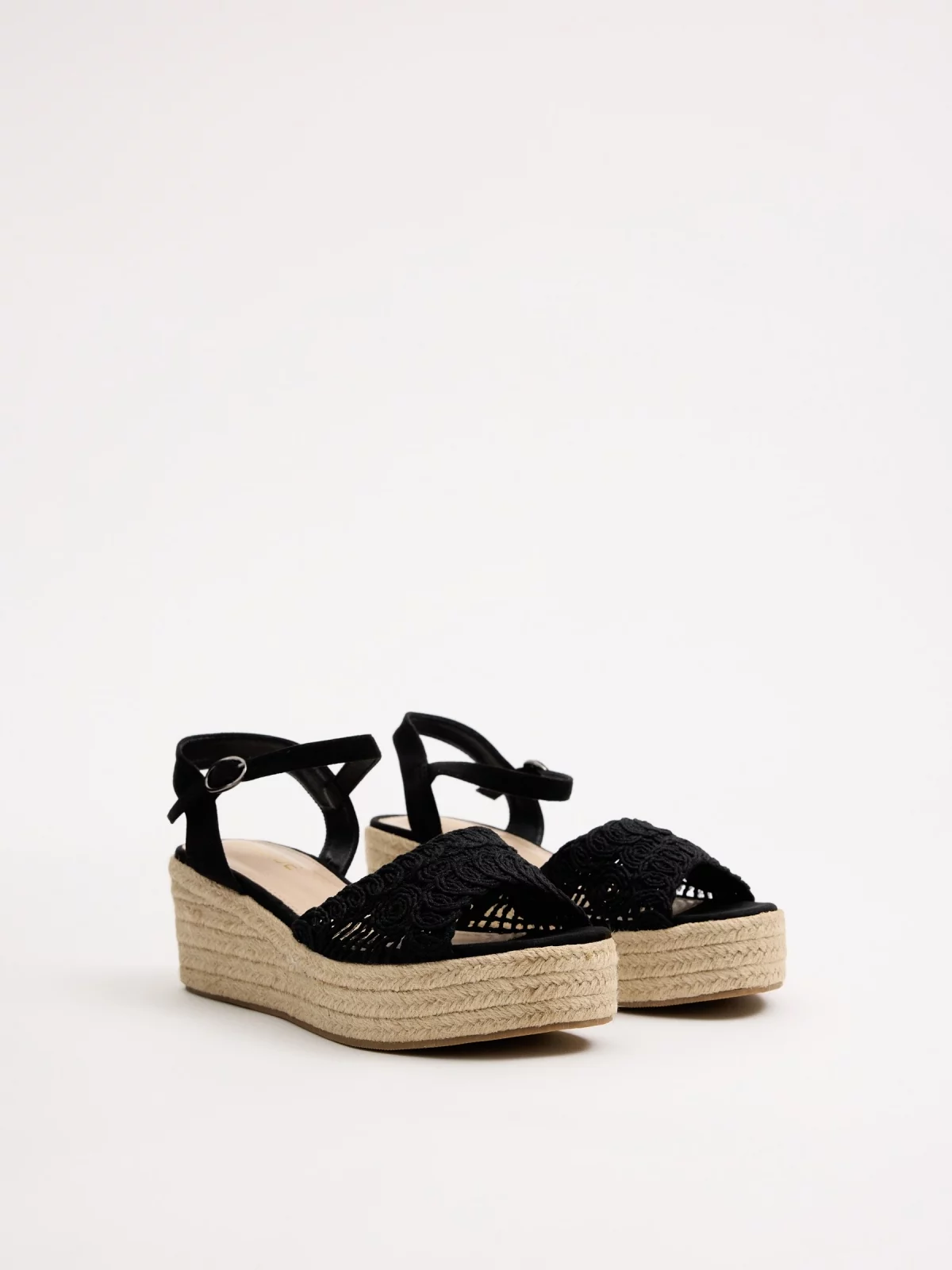 Wedge espadrille sandals black 45º front view
