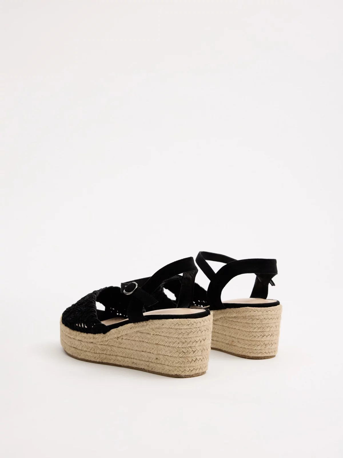 Wedge espadrille sandals black 45º back view