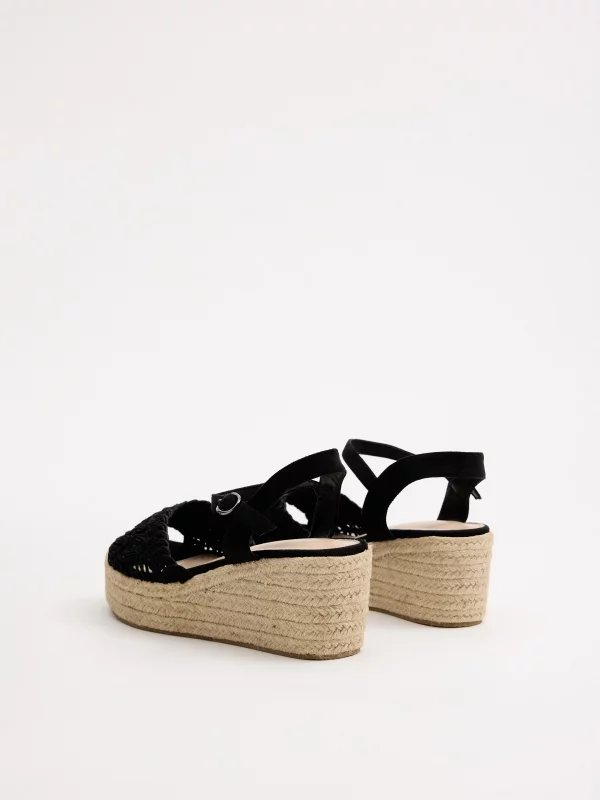 Wedge espadrille sandals black 45º back view