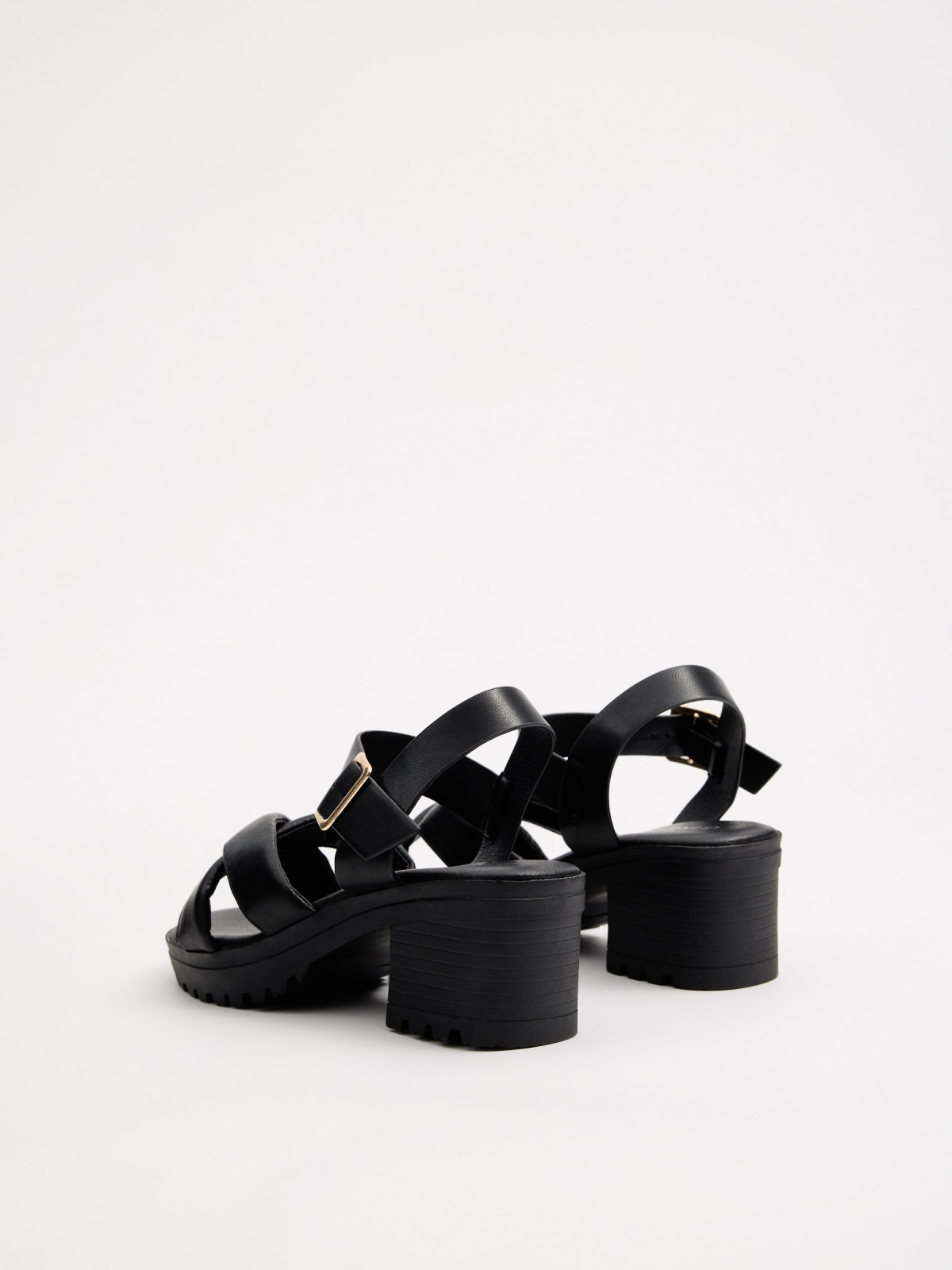 Cross-strap heeled sandals black 45º back view