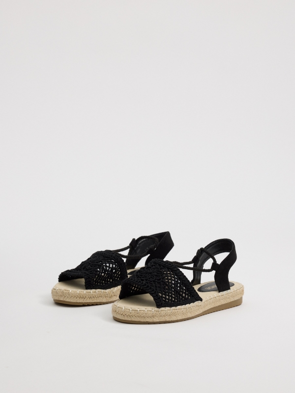 Jute sandals with openwork strap black 45º front view