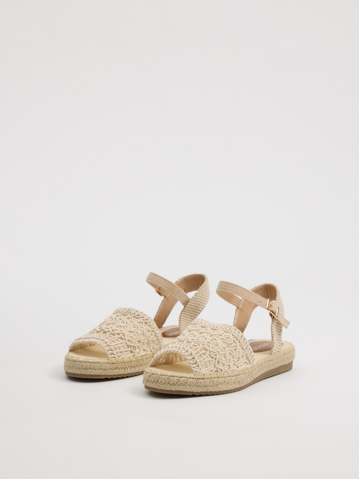 Beige embroidered jute sandals off white 45º front view