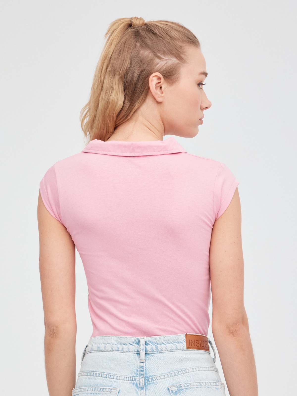 Polo t-shirt with embroidery bubblegum pink middle back view