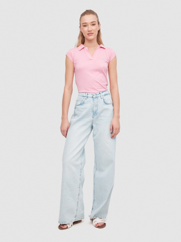 Polo t-shirt with embroidery bubblegum pink general front view