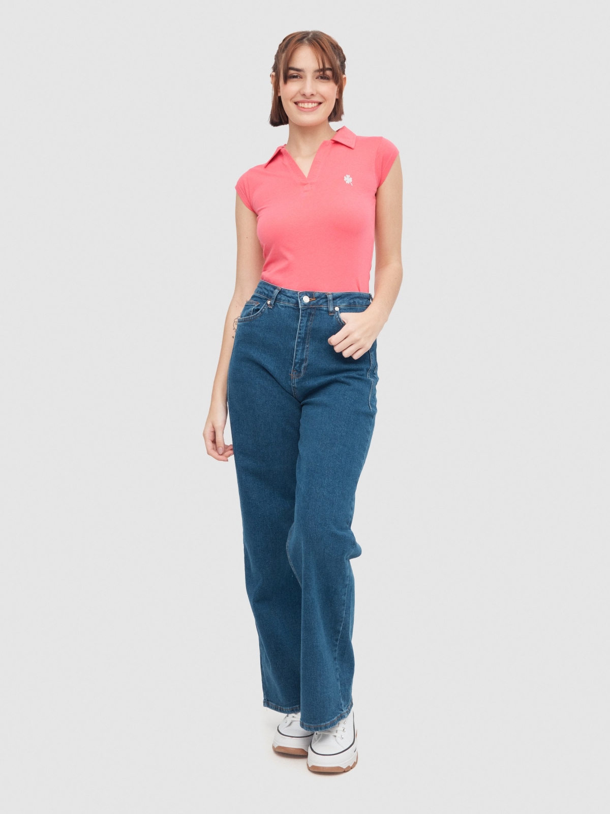 Polo t-shirt with embroidery coral general front view