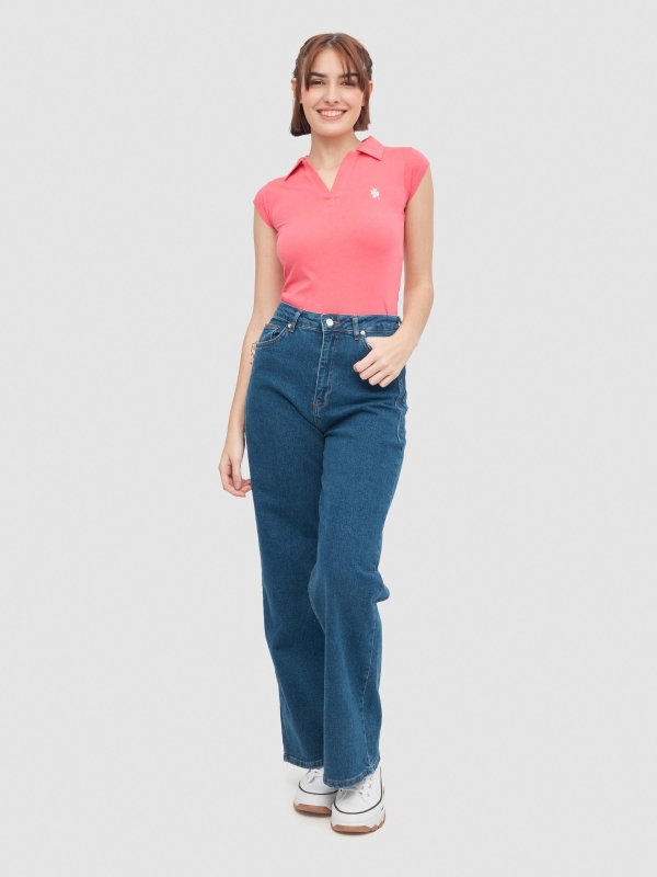 Polo t-shirt with embroidery coral general front view