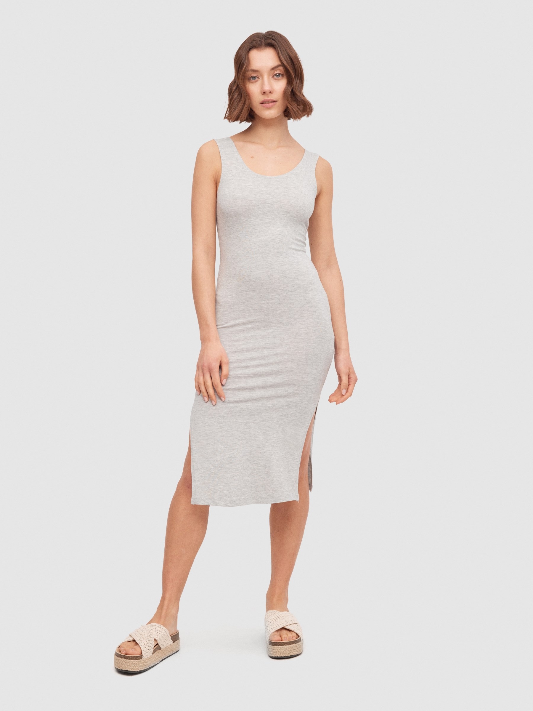 Slits midi dress melange grey three-quarter front view